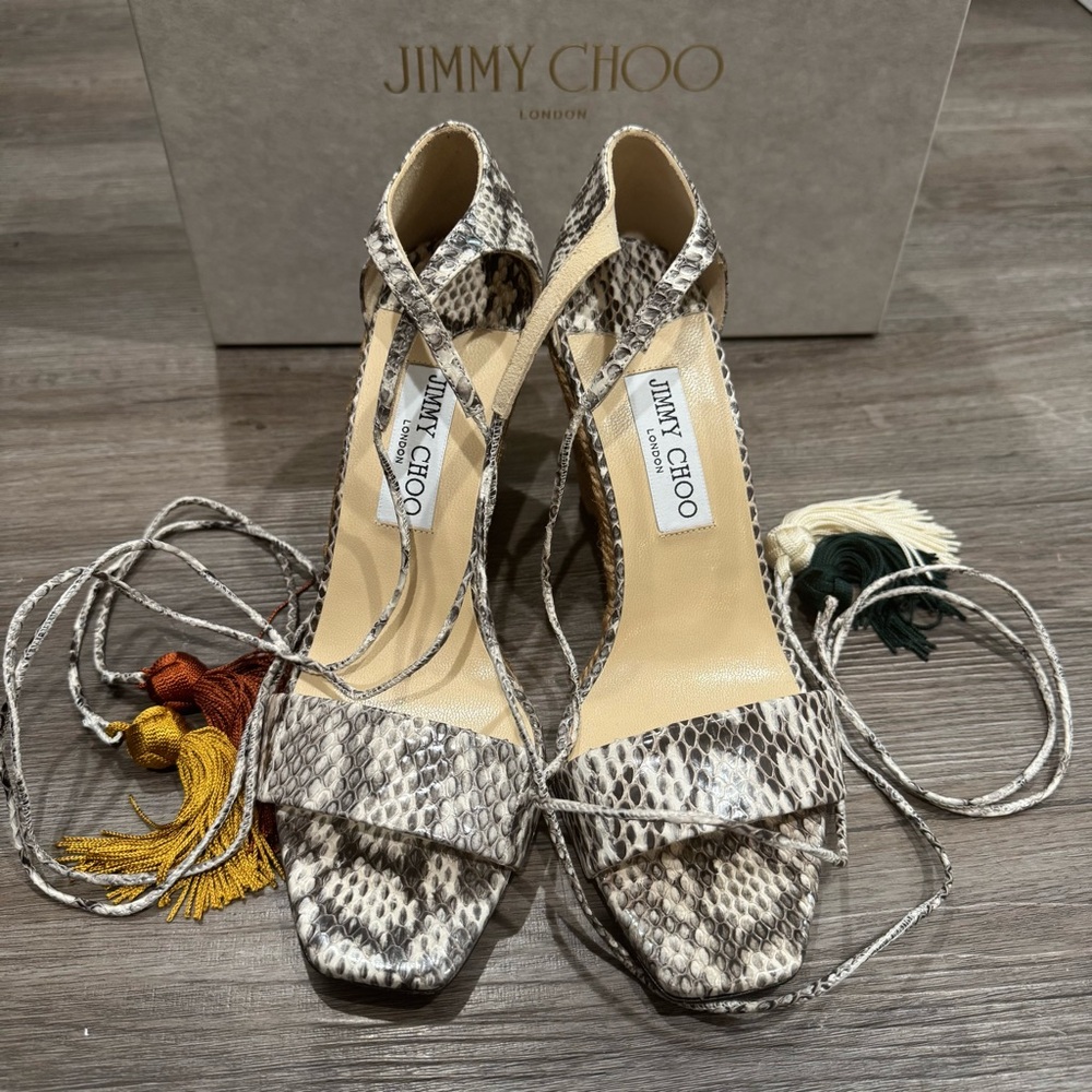 Jimmy Choo Deva 85 Roccia Snakeskin Leather Wrap Around Tassel Wedge Sandal - Picture 3 of 10